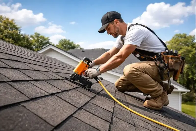 A roofer using a nail gun to fasten asphalt shingles on a steep residential roof