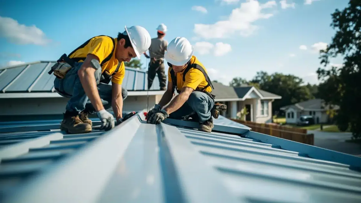 Two roofers installing a standing-seam metal roof on a house