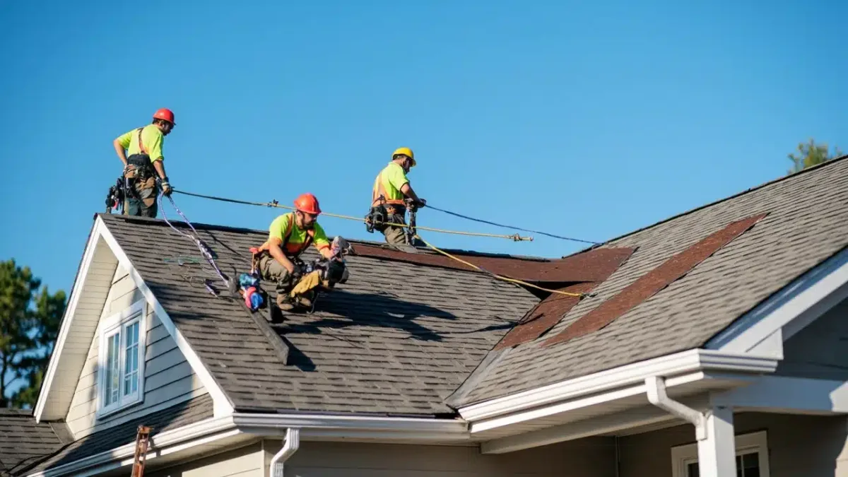 Three roofers in high-visibility shirts installing shingles on a residential roof