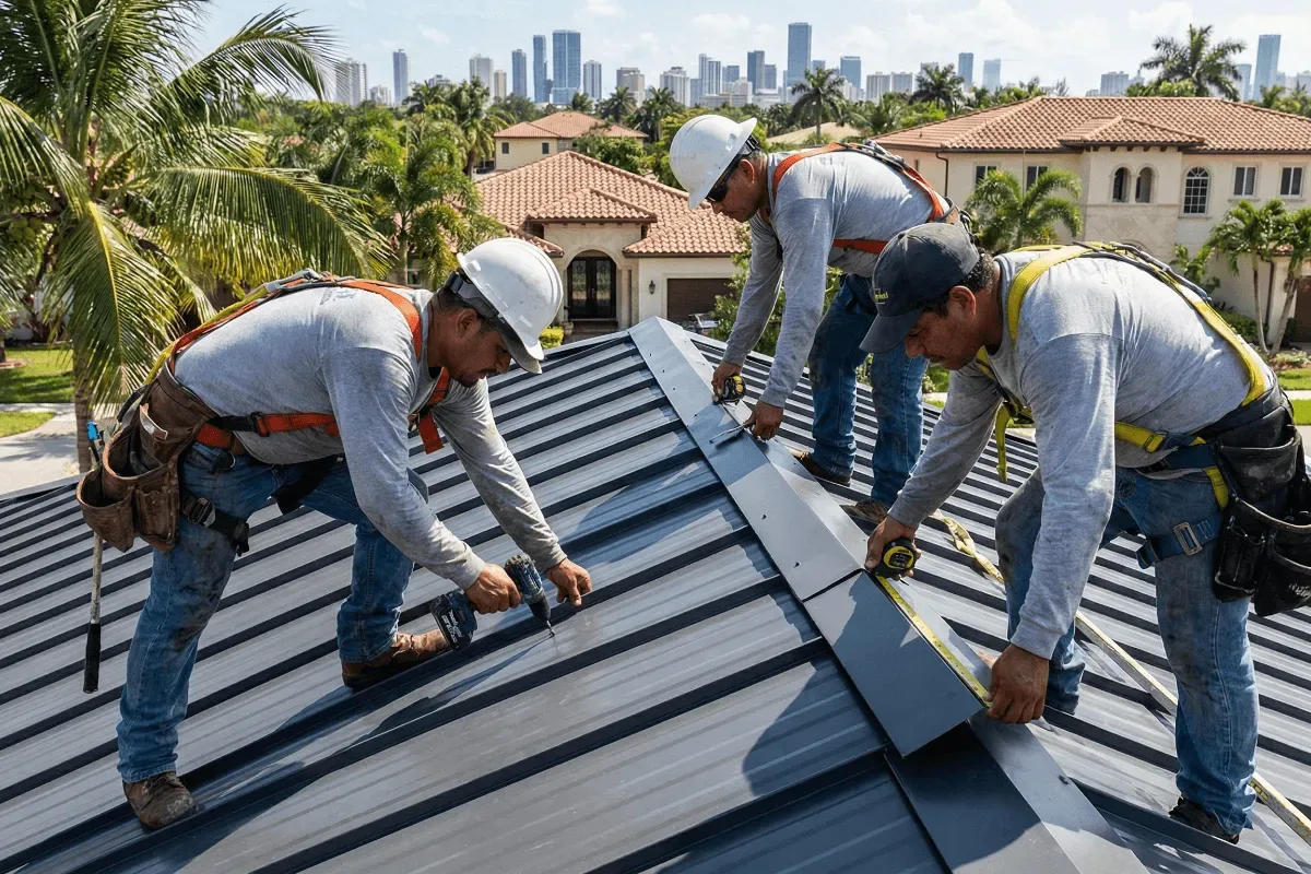 A roofing crew installing a standing-seam metal roof
