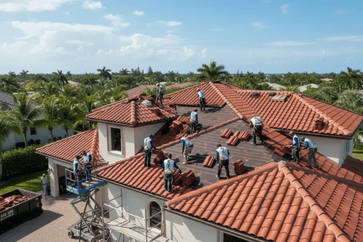 An overhead view of a crew re-tiling a large clay-tile roof