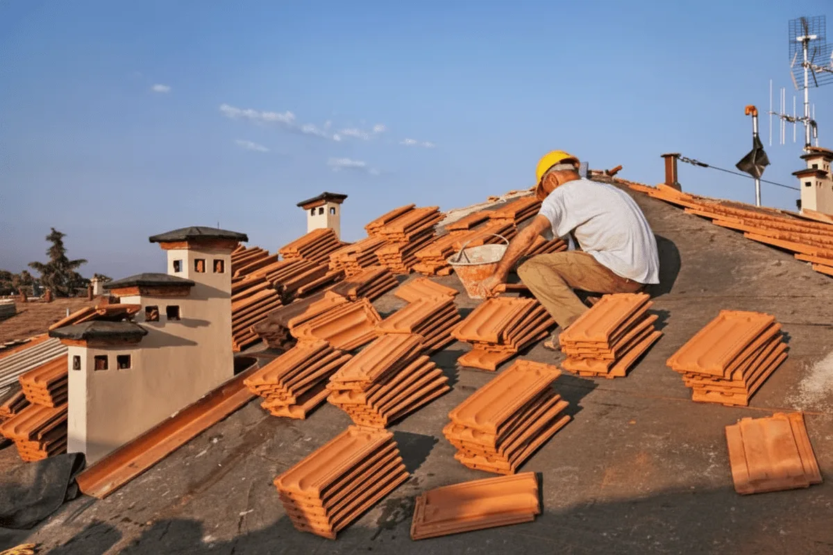 A roofer laying out clay tiles across a roof beside masonry chimneys