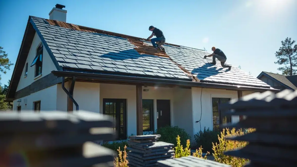 Two roofers replacing slate tiles on a white cottage roof