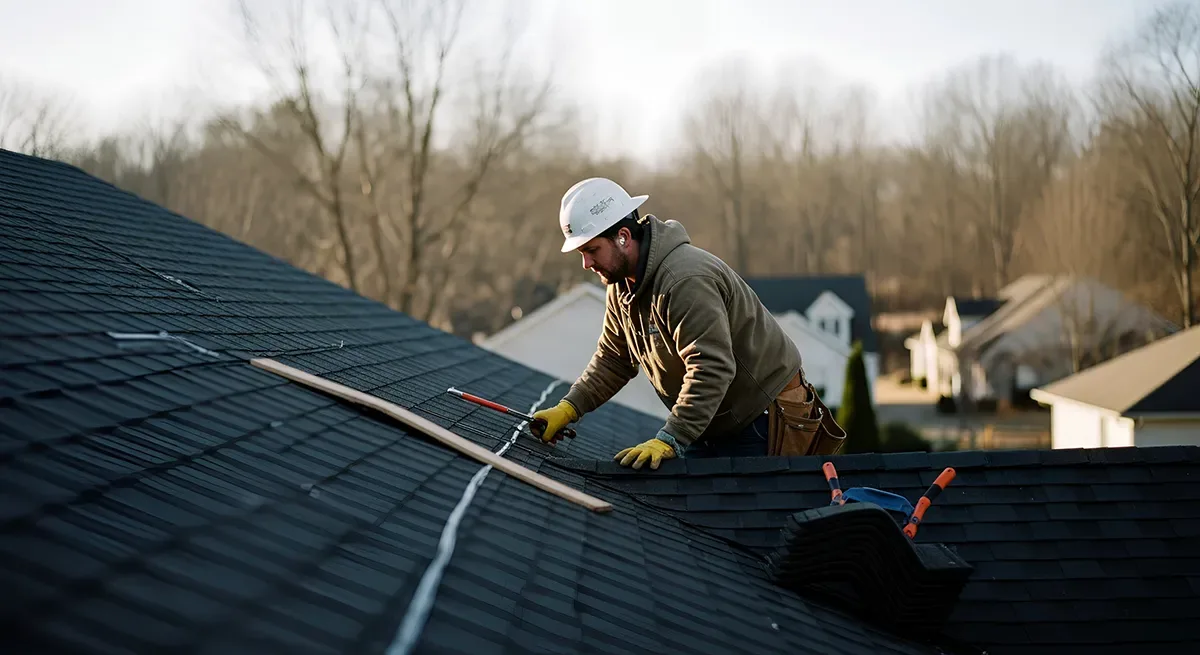 A roofer applying sealant along the ridge of a dark shingle roof at dusk