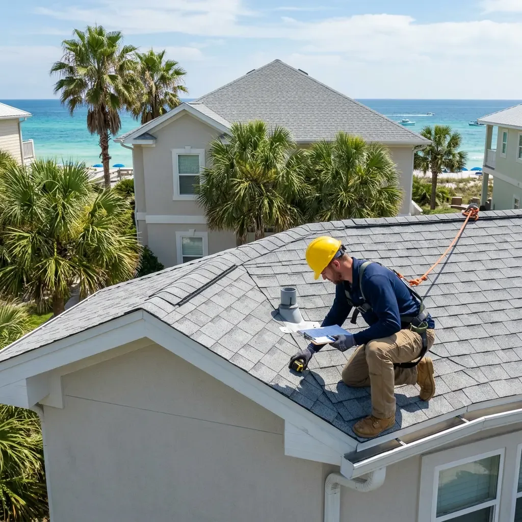 A roofer inspecting a shingle roof on a beachfront home