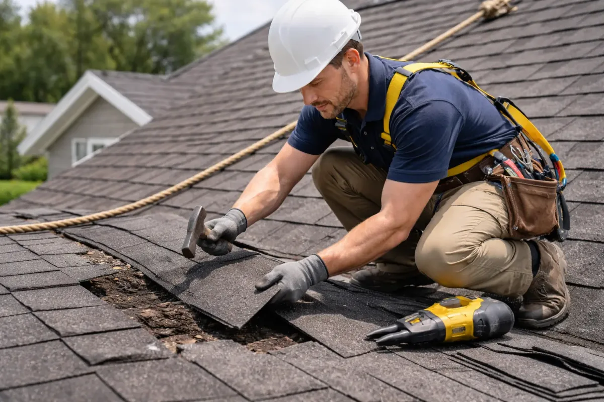 A roofer repairing shingles with a hammer beside a roofing nailer