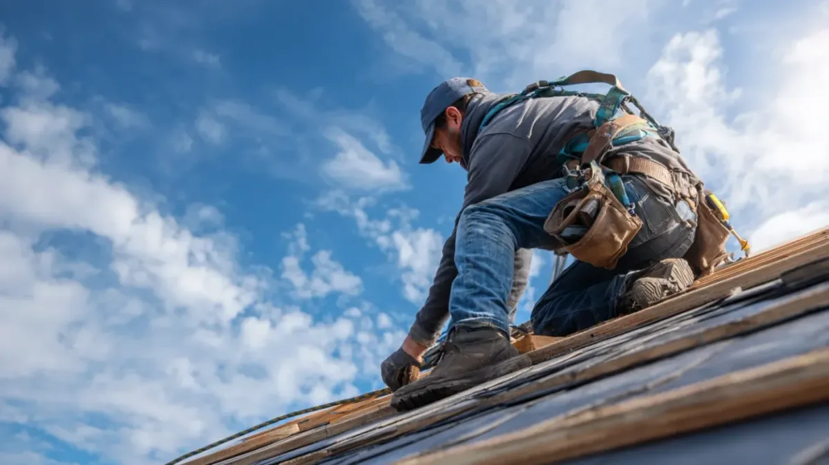 A roofer kneeling on a roof deck against a blue sky