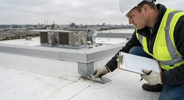 A roofer with a clipboard inspecting a white low-slope commercial roof
