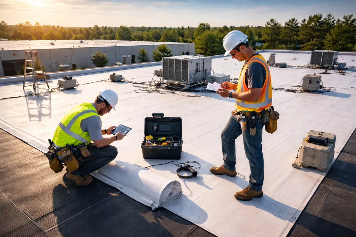 Two roofers inspecting a white commercial roof at sunset with a toolbox